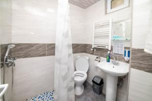 La salle de bains est pourvue de toilettes et d'un lavabo. dans l'établissement Guest House Kavkasioni 33, à Telavi