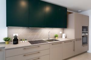 a kitchen with green cabinets and a sink at Terminal Tower 601 - San Cristoforo M4 in Milan