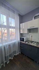 d'une cuisine avec des placards blancs, une cuisinière et une fenêtre. dans l'établissement Irina apartament Stefan 64, à Chişinău