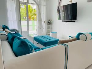 Cosy House في مونت تشويسي: غرفة معيشة مع أريكة زرقاء وتلفزيون