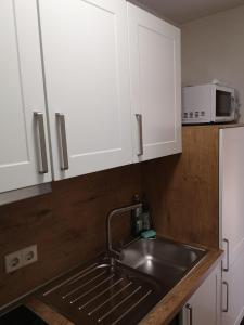 eine Küche mit einer Spüle und einer Mikrowelle in der Unterkunft Ostfrieslandtraum in Dornumersiel