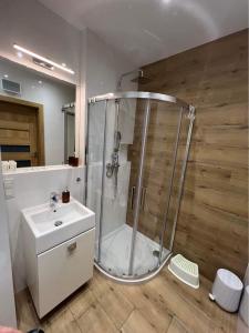 y baño con ducha, lavabo y aseo. en Apartament 215 - Modern Tower Gdynia, en Gdynia