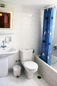 a bathroom with a toilet and a sink and a shower curtain at Manos Studios in Platis Gialos