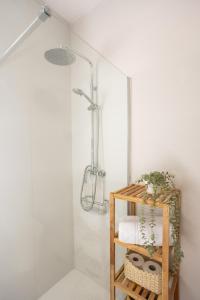 a bathroom with a shower and a shelf with towels at San Miguel 34 Rooms in Málaga