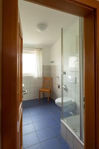 a bathroom with a shower and a toilet and a chair at Biohotel Stiftsgut Wilhelmsglücksbrunn in Creuzburg