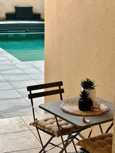 a table and a chair with a potted plant on it at Maison d'hôtes chic à Beauzelle in Beauzelle