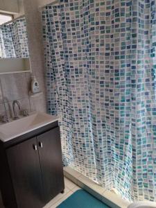 baño con lavabo y cortina de ducha en Departamentos La Carmela en San Rafael