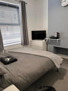 a bedroom with a bed and a flat screen tv at Meadow Street Rooms in Avonmouth