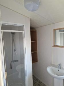 a bathroom with a shower and a sink at Cedars Southview, Skegness in Skegness