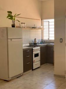 Il comprend une cuisine équipée d'une cuisinière blanche et d'un évier. dans l'établissement Apartamento Entero en Ezeiza/ Canning, à Canning