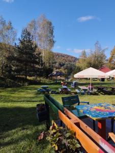 un parque con mesas y sombrillas en el césped en Bieszczadzka Legenda en Wetlina