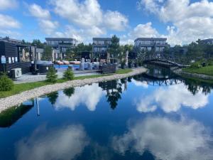 a view of a river with buildings in the background at Laiminga banga in Palanga