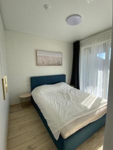 a bedroom with a bed with a blue headboard and a window at Laiminga banga in Palanga