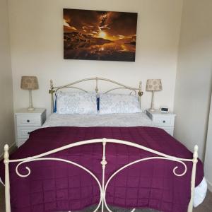 a bedroom with a purple bed with two lamps at RAWSON COTTAGE LOVELY 2 BEDROOM SEMI RURAL in Stranraer