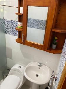 a bathroom with a sink and a mirror and a toilet at ApartaHotel El Bonao in Higuey