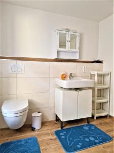 a bathroom with a toilet and a sink at modernes Landhaus Charlie - Nähe Halle, 4 Zimmer in Petersberg