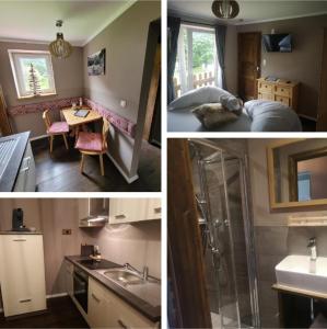 a collage of pictures of a kitchen and a bathroom at Ferienwohnungen Haus Almrausch Bichlbach in Bichlbach +69 photos