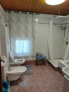 a bathroom with a toilet and a shower and a sink at Belvedere in Levico Terme