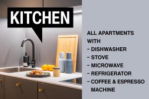 una imagen de una cocina con las palabras cocina con todos los electrodomésticos de conducción en ipartment Wolfsburg en Wolfsburg