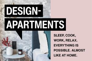 a sign that says design experiments sleep cook work work relax at ipartment Wolfsburg in Wolfsburg