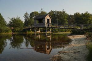 eine Brücke über einen Wasserkörper mit einem Haus in der Unterkunft Geniet van het leven.. in De boomklever in Diffelen
