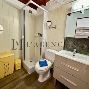 een badkamer met een toilet, een douche en een wastafel bij STUDIO G in Calvi