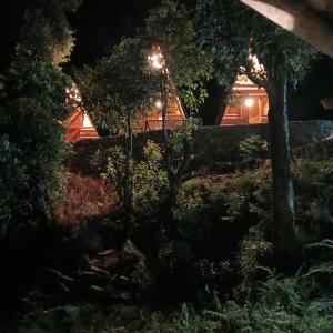 Hawk Camping & Cottages في ناينيتال: ضوء المنزل في الليل مع الأضواء