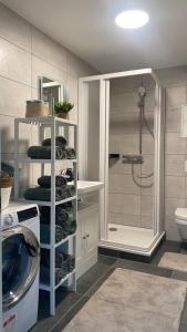 a bathroom with a shower and a washing machine at Sweet Sleep Apartment in Burg Stargard