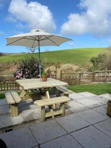 a picnic table with an umbrella and a bench at Fern Cottage at Hewish Mill in Bittadon