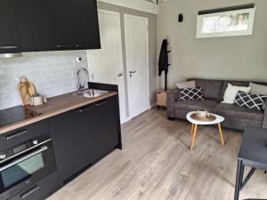 cocina y sala de estar con sofá y mesa en Park De Driesprong, en Nieuwveen