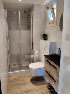 a bathroom with a shower and a toilet and a sink at Park De Driesprong in Nieuwveen