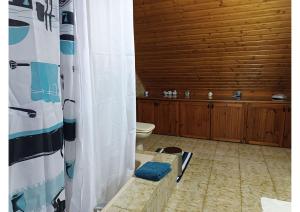 een badkamer met een toilet en een houten muur bij Grand Chalet Cottage House in Porto Rafti