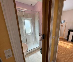 a bathroom with a shower and a toilet at Le Martin Pêcheur in Port-en-Bessin-Huppain +11 photos