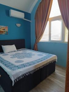 a bed in a blue room with a window at Arte Casa in Burgas City