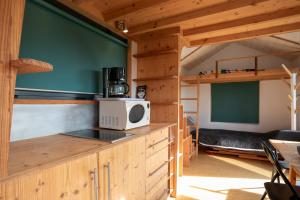 Prat的住宿－Très Jolie Tiny House Tout Confort，带微波炉和双层床的厨房