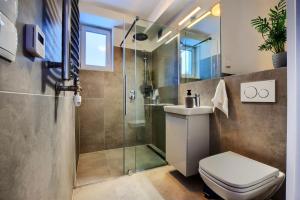 a bathroom with a shower and a toilet and a sink at Apartamenty Dolina Jawornika in Wisła