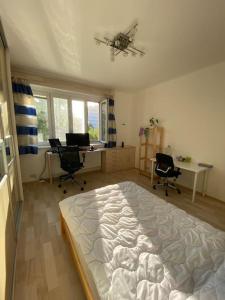 a bedroom with a large bed and desks and chairs at Spacious modern 3 bedroom aparment in Prague
