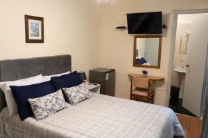 a bedroom with a bed with blue pillows and a television at HOTEL MEDITERRANEO in Montevideo