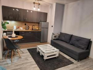 a living room with a couch and a table and a kitchen at Apartamenty Trzy Wieze in Warsaw