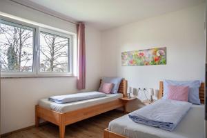 a bedroom with two twin beds and a window at Ferienhaus Steinenberg in Bad Waldsee