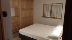 Dormitorio pequeño con cama y armario en Casa De Sandre, en San Vito di Cadore