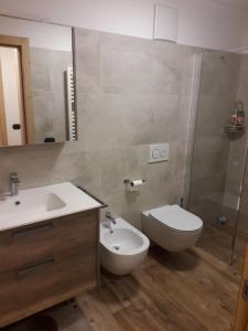 Un baño con lavabo, inodoro y espejo. en Casa De Sandre, en San Vito di Cadore
