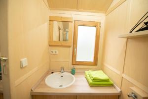 een kleine badkamer met een wastafel en een raam bij Wagenburg-Solling in Neuhaus