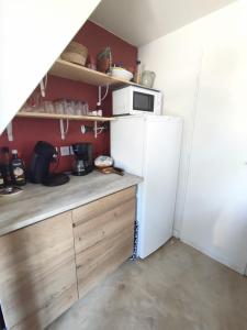 een keuken met een witte koelkast en een magnetron bij Duplex dans résidence avec Piscine à Uzès in Uzès