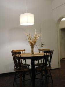 uma mesa de jantar com cadeiras e uma luz pendente em Departamento calle Espejo em Mendoza
