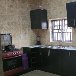 cocina con armarios verdes, fogones y ventana en S&A Lump Apartments, Enugu, Nigeria, en Enugu