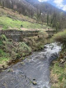 un río con un puente en un campo en Maison de montagne 8 couchages en Aston