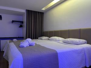 een slaapkamer met 2 bedden met paarse lakens en kussens bij Mcz Hotel in Maceió