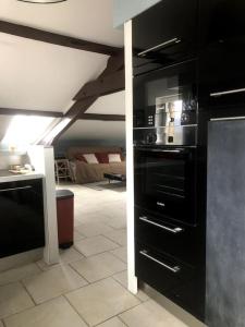 eine Küche mit schwarzen Geräten in einem Zimmer in der Unterkunft Ambiance Authentique coté gare in Ambérieu-en-Bugey