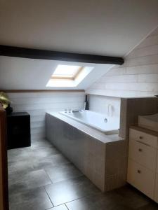 ein Badezimmer mit einer großen Badewanne und einem Dachfenster in der Unterkunft Ambiance Authentique coté gare in Ambérieu-en-Bugey
